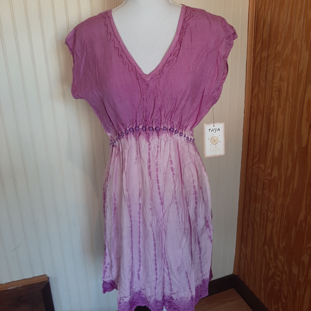 NWT Raya Sun Embroidered Beaded Short Sleeve Sundress Tie Dye